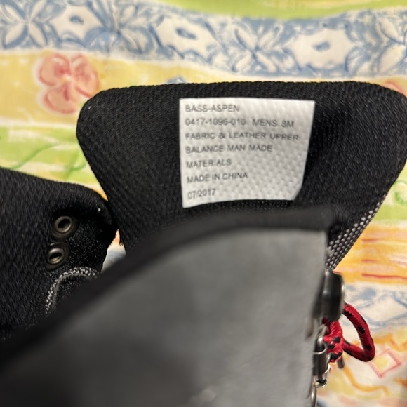 Bass hiking boots in charcoal gray with red and black laces!